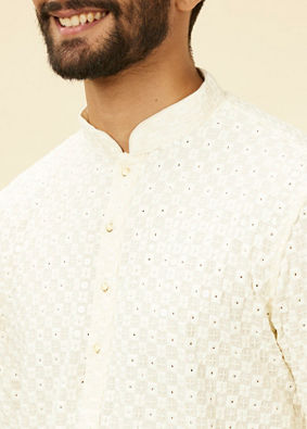 alt message - Manyavar Men Soft White Chikankari Embroidered Sequined Kurta Set image number 1